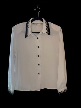 1980s Vintage Yves St. Clair White Button-Front Blouse with Black Trim